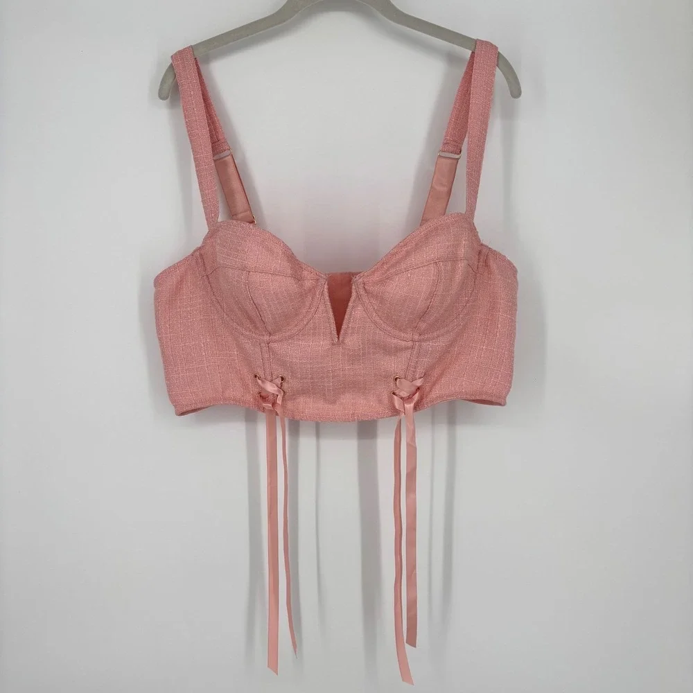 Anthropologie Tweed Corset Bustier Top Sz XL Pink Ribbons Feminine Sexy Romantic - Picture 2 of 14